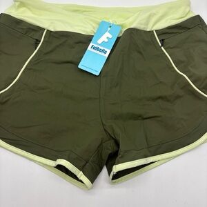 Fulbelle Womens Banded Waist Running Workout Shorts Dark green Pale Yellow L